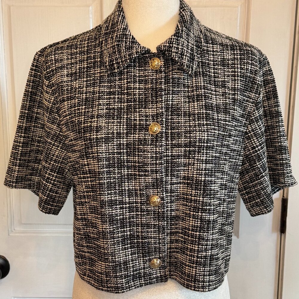black and white tweed short jacket with gold buttons | size medium
